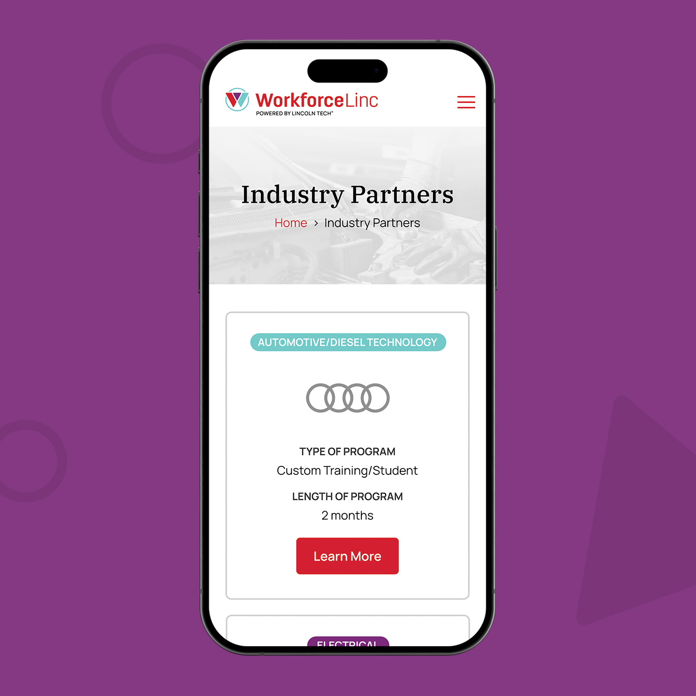 Mobile view of WFL website